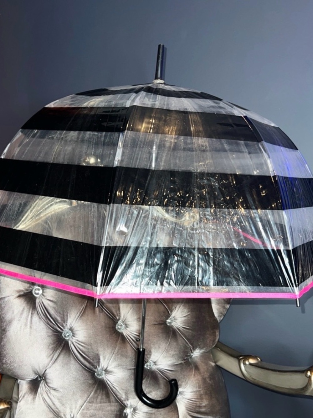 🌦️🌈 Black and White Striped Long Umbrella with Pink Tie 🌂🌧️🌈
